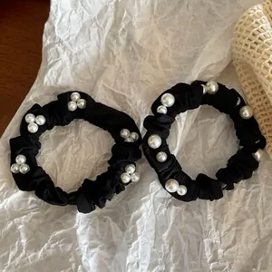 Elegant Black Fabric Hair Scrunchie With Faux Artificial Pearls Decorative High Elastic Ponytail Holder Hair Tie For Women Daily Hair Accessories