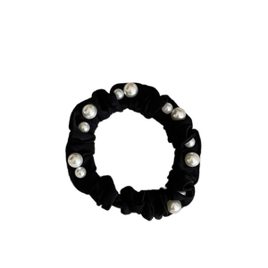 Elegant black scrunchie with white faux pearls for daily ponytail hairstyles
