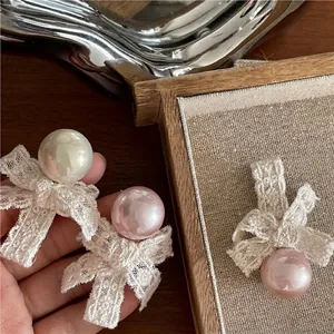 French Retro Lace Bow Hair Clips With Imitation Artificial Pearl Sweet Elegant Duckbill Clips For Women Girls Hair Accessories