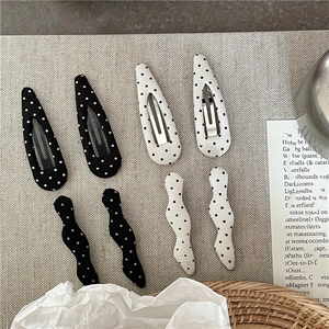 Minimalist black and white polka dot fabric hair clip set with teardrop BB clips