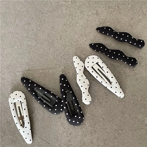 Detailed set of 7 pieces black and white polka dot fabric drop hair clips and wave pins