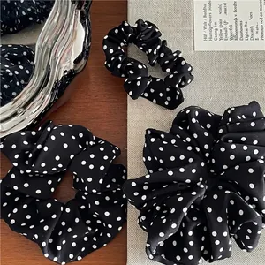 Women Vintage Polka Dot Scrunchies Retro Black White Dot Satin Fabric Hair Ties Elastic Ponytail Holder Hair Accessories