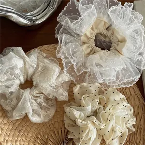 Chouchou en Maille de Dentelle Broderie Florale Pois Tissu Élastique Cheveux Vintage Style Français Porte Queue de Cheval Femme
