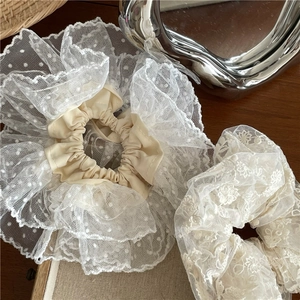 Gros plan de chouchous en tulle à pois avec broderie florale et détails en dentelle