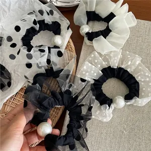 French retro mesh polka dot scrunchies with large pearl decoration for women