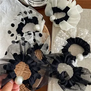 French Vintage Polka Dot Mesh Scrunchies With Faux Artificial Pearl Elegant Mesh Hair Ties For Women Fashionable Hair Accessories