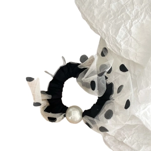 Sweet polka dot mesh hair scrunchie with large pearl accent and elastic hair tie