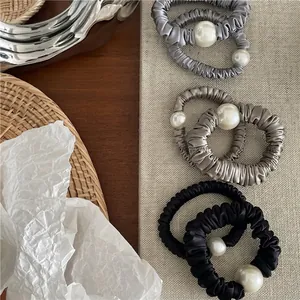 French Elegant Satin Pleated Scrunchie With Large Faux Artificial Pearl Elastic Hair Tie Fashion Hair Ring For Women Girls Accessories