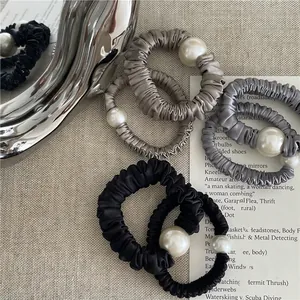 Elegant satin scrunchies with large pearl beads in black, grey and coffee colors set