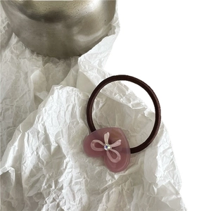 Élastique à cheveux cœur rose avec nœud blanc et strass sur bande marron