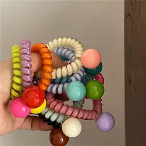 Chouchous de Ligne Téléphonique avec Perles de Bonbons Colorées Style Coréen Spirale Élastiques pour Femmes Filles Décoration Queue