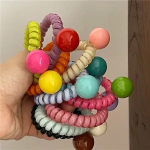 Élastiques à cheveux spirale colorés avec grandes perles en résine pour filles