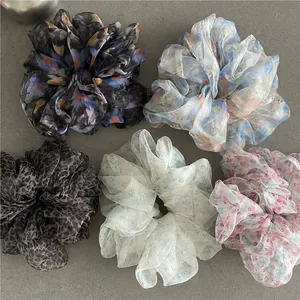 Floral print organza scrunchie set including leopard and flower patterns for hair styling