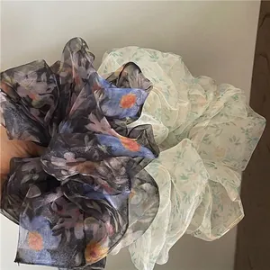 Large Printed Mesh Hair Scrunchies For Women Korean Style Lightweight Breathable Organza Floral Leopard Print Ponytail Holder Hair Ties