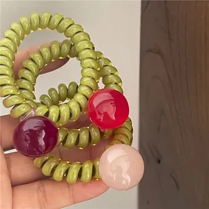 Chouchous Spirale à Perles Style Coréen pour Femmes Filles Mode Boule de Bonbon Translucide Élastiques à Cheveux Cordon de Téléphone