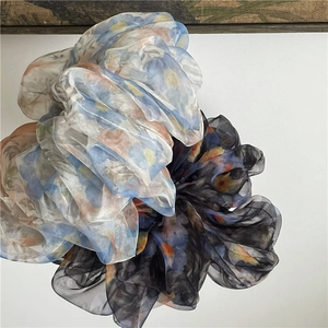 Elegant floral print organza scrunchies in blue and black for a light breathable ponytail