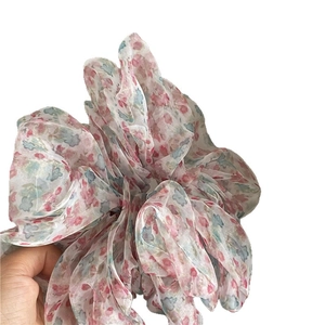 Floral print mesh scrunchie hair tie in lightweight chiffon for elegant ponytails