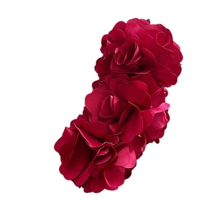 Deep burgundy floral banana hair clip for women featuring three elegant satin fabric flowers