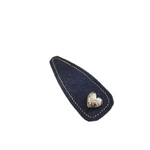 Denim blue fabric drop BB clip with silver metal heart and yellow stitching detail