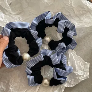 Blau Gestreifte Preppy Stil Stoff Haargummis Mit Imitationsperle Elegante Haarbänder Für Damen Täglich Süßer Haarschmuck