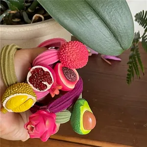 Summer fruit theme elastic hair ties featuring durian, lychee and pitaya resin charms