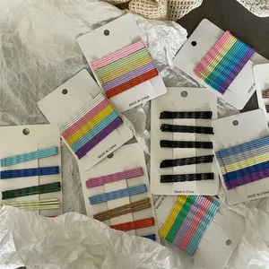Pastel rainbow matte metal bobby pin set on white cards for cute girls hairstyle