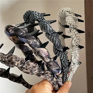 Fashion Women Anti-Slip Headband With Teeth Mesh Fabric Wrapped Leopard Print Polka Dot Floral Hair Hoop Daily Accessories