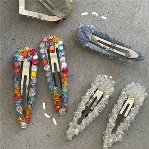 Detail of 5-piece set crystal beaded BB hair clips with colorful rhinestones and teardrop beads