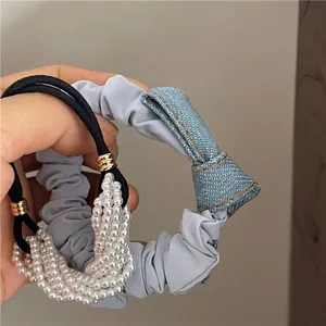 Denim Blue Bow Scrunchie And White Faux Artificial Pearl Elastic Hair Tie Set Korean Sweet Hair Accessories For Women Girls