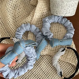 Denim bow scrunchie set with white pearl bead hair tie for women stylish ponytail