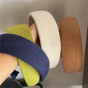 French style wide knit headband with stripe texture in navy, green, beige and brown