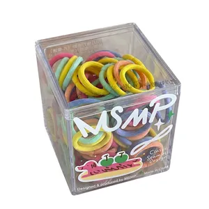 Assorted macaroon colored elastic hair ties in a clear square storage box set