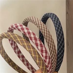 Vintage Plaid Fabric Sponge Thickened Headband For Women College Style Korean Fashion Checkered Hair Hoop Accessories