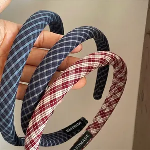 Padded preppy argyle fabric headband set in navy blue, light blue, and red patterns