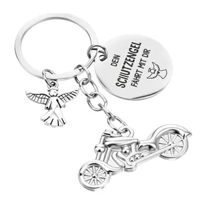 Stainless steel motorcycle keychain with angel charm and German protective engraving