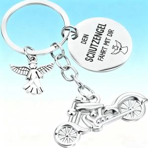 Guardian angel motorcycle keychain with engraved silver stainless steel ring pendant
