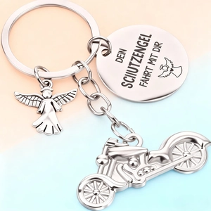 Stainless steel motorcycle keychain with guardian angel charm and engraved German blessing