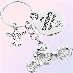 German Guardian Angel keychain for motorcycle riders with engraved metal disc and biker charm
