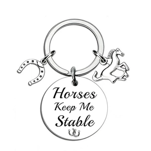Portachiavi equestre in acciaio inossidabile lucido con ciondoli cavallo e ferro di cavallo