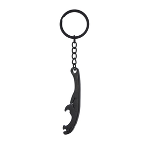 Close-up of matte black stainless steel leopard bottle opener keychain on white background