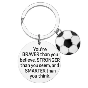 Inspirational stainless steel soccer keychain with engraved plate and football pendant