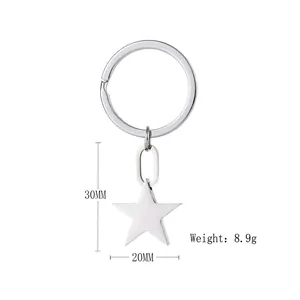 Polished stainless steel star keychain with 30mm pendant and dimensions measurement