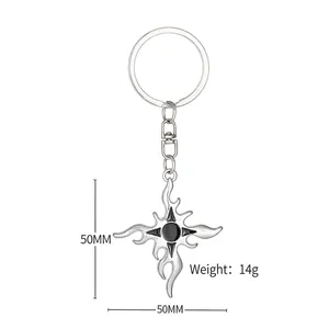Silver hip-hop flame cross keychain with black stone inlay, size 50mm, weight 14g