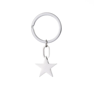 Polished silver stainless steel star keychain with flat split ring on white background