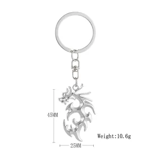 Detailed view of silver dragon keychain showing dimensions 45x25mm and 10.6g weight