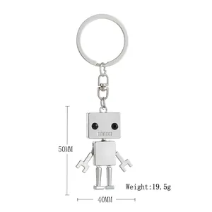 Detailed macro view showing the 50mm silver robot keychain dimensions and metal texture