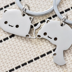 Cute stainless steel cat keychains for couples with minimalist polished metal finish