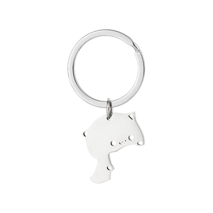 Detailed view of a polished stainless steel cute cat-shaped keychain with circular ring