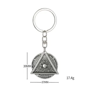 Vintage silver Evil Eye keychain featuring Freemason symbol and engraved outer ring