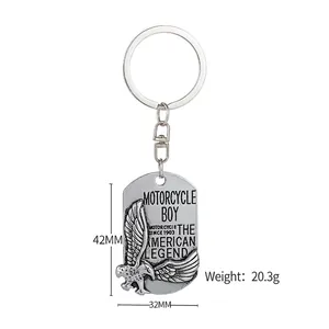 Hip hop style eagle dog tag keychain in vintage silver finish with motorcycle boy text